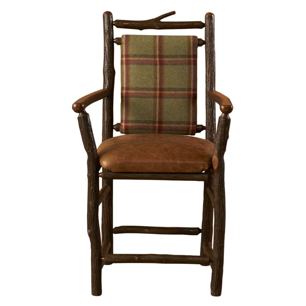 Fireside Lodge Hickory Log South Fork Counter Stool with Arms features a sturdy log frame, leather seat, plaid back, and smooth wooden armrests in a front view