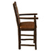 Fireside Lodge Hickory Log South Fork Counter Stool with Arms highlights its solid hickory log frame, armrests, footrests, and padded leather seat from the side