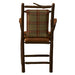 Fireside Lodge Hickory Log South Fork Counter Stool with Arms shows a durable log back frame with plaid upholstery and a leather seat from the rear