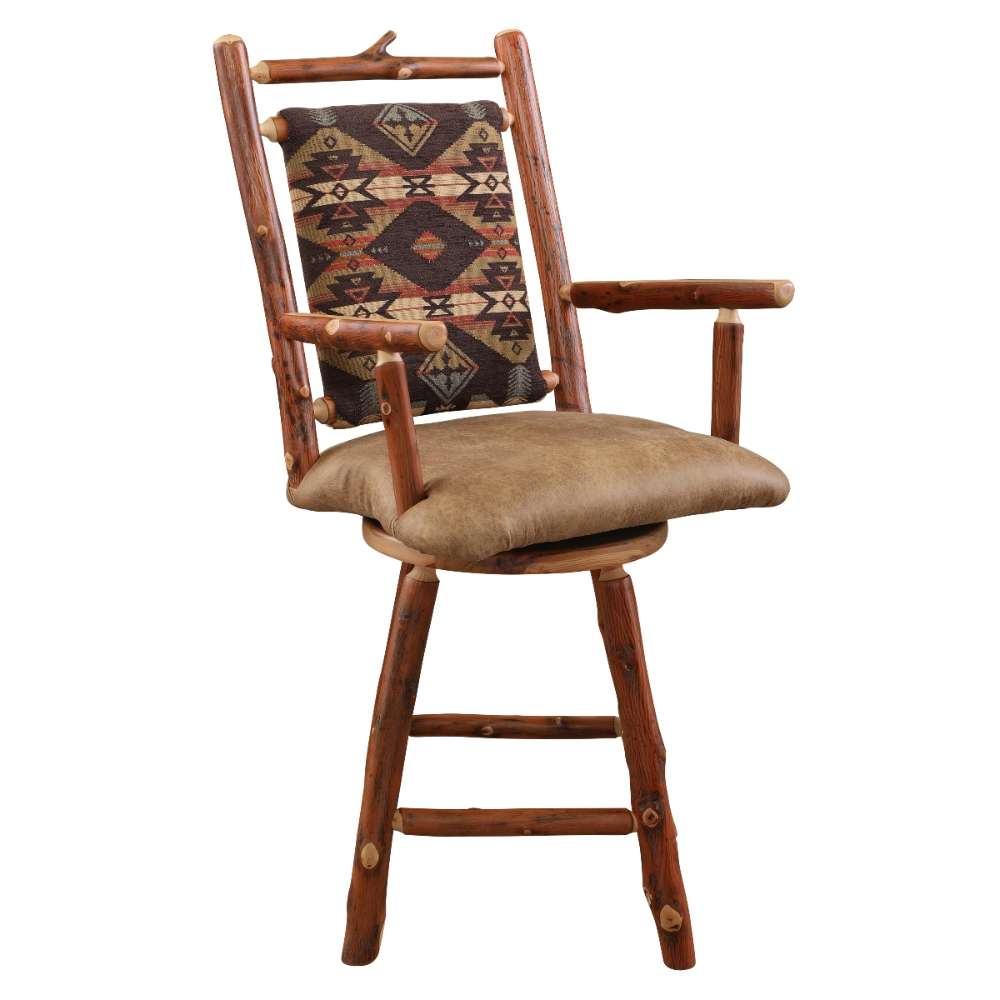 Fireside Lodge Hickory Log South Fork Swivel Counter Stool with Arms features a sturdy log frame, curved arms, cushioned seat, and earthy geometric fabric back