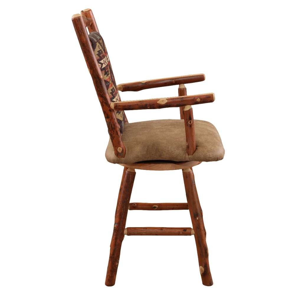 Fireside Lodge Hickory Log South Fork Swivel Counter Stool with Arms highlights thick log construction, a padded seat, armrests, and a slightly reclined patterned back