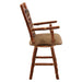Fireside Lodge Hickory Log South Fork Swivel Counter Stool with Arms highlights thick log construction, a padded seat, armrests, and a slightly reclined patterned back