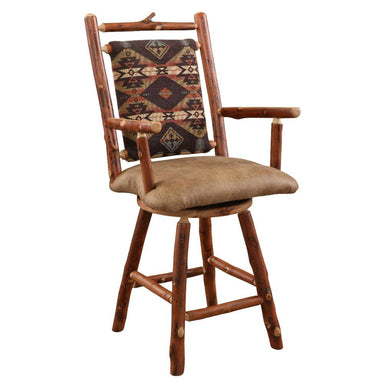 Fireside Lodge Hickory Log South Fork Swivel Counter Stool with Arms is a rustic hickory log counter stool with armrests, a padded brown seat, and a Southwestern-patterned backrest