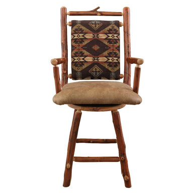 Fireside Lodge Hickory Log South Fork Swivel Counter Stool with Arms showcases solid hickory legs, supportive arms, a plush seat, and a bold Southwestern back panel