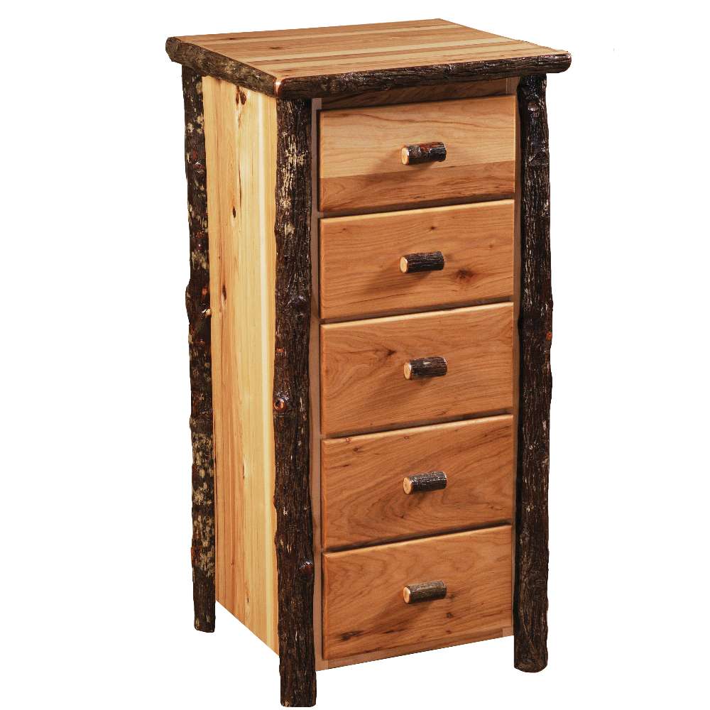Fireside Lodge Hickory Log Storage Chest shows a tall rustic chest with five drawers, light wood panels, and dark bark-covered log trim