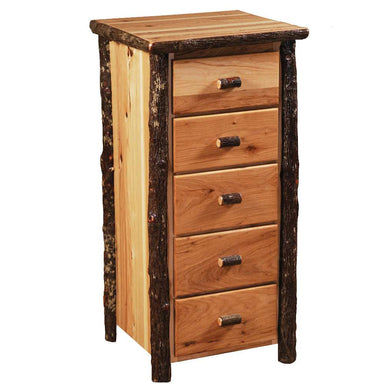 Fireside Lodge Hickory Log Storage Chest shows a tall rustic chest with five drawers, light wood panels, and dark bark-covered log trim