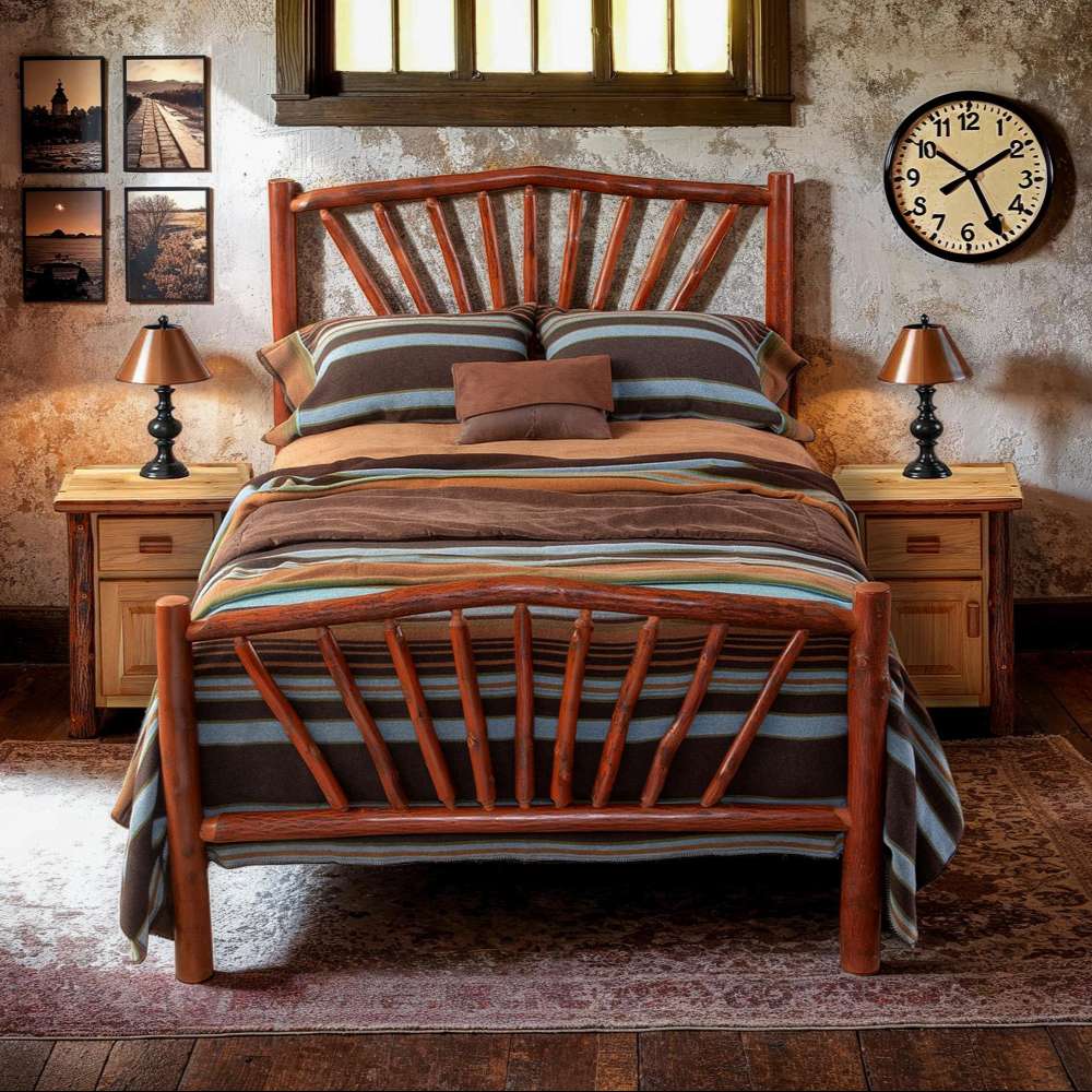 Fireside Lodge Hickory Log Sunburst Bed styled in a rustic bedroom, fully made with bedding, nightstands, lamps, and wall décor to show how it looks in a real room