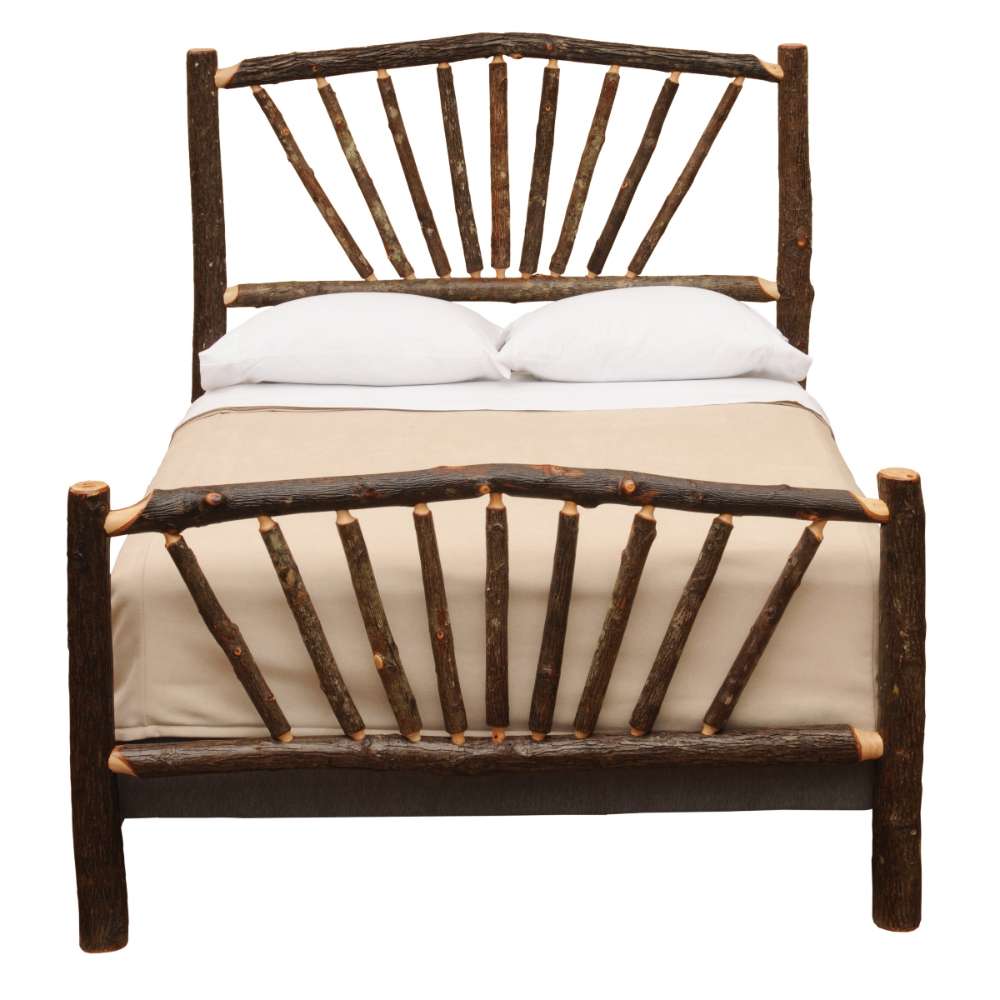Fireside Lodge Hickory Log Sunburst Bed with pillows and mattress clearly displaying the symmetrical sunburst pattern on the headboard