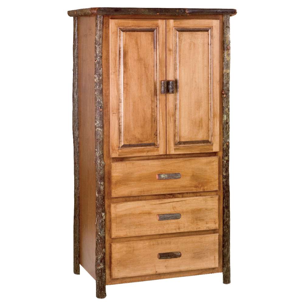 Fireside Lodge Hickory Log Three Drawer Armoire is a tall rustic cabinet with two upper doors, three lower drawers, and natural log-style trim along the sides