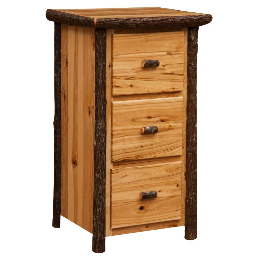 Fireside Lodge Hickory Log Three Drawer File Cabinet is shown at a slight angle with drawers closed, emphasizing its sturdy log legs and rustic design