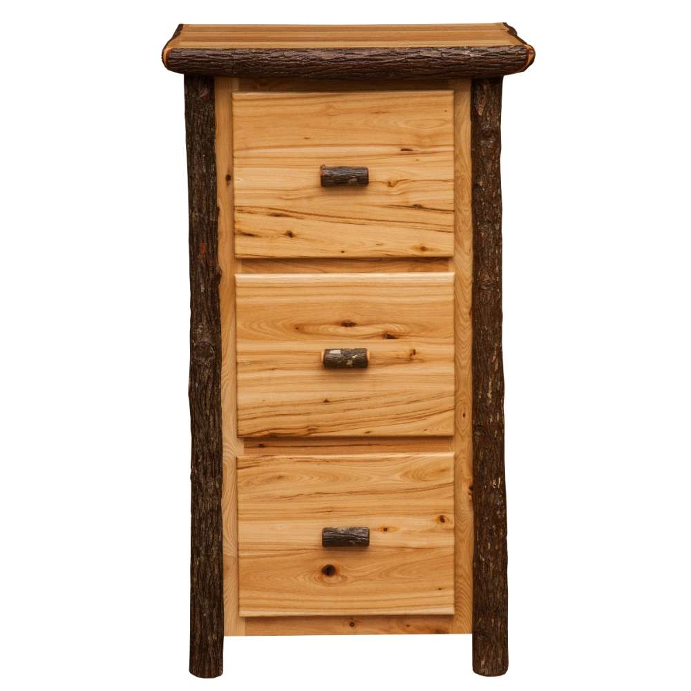 Fireside Lodge Hickory Log Three Drawer File Cabinet is shown from the front with all drawers closed, highlighting its rustic log frame and natural wood grain