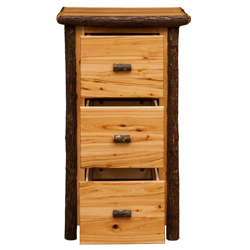 Fireside Lodge Hickory Log Three Drawer File Cabinet is shown from the front with three drawers partially open, revealing wooden drawers with log-style handles