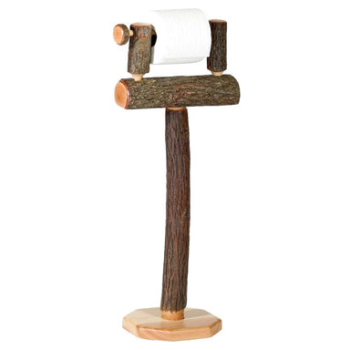 Fireside Lodge Hickory Log Toilet Paper Holder features natural bark-covered hickory logs and a simple stand that holds a toilet paper roll at the top