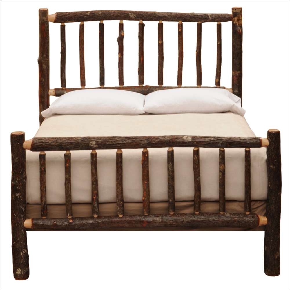 Fireside Lodge Hickory Log Traditional Bed is shown fully assembled with a rustic log headboard and footboard holding a neatly made mattress