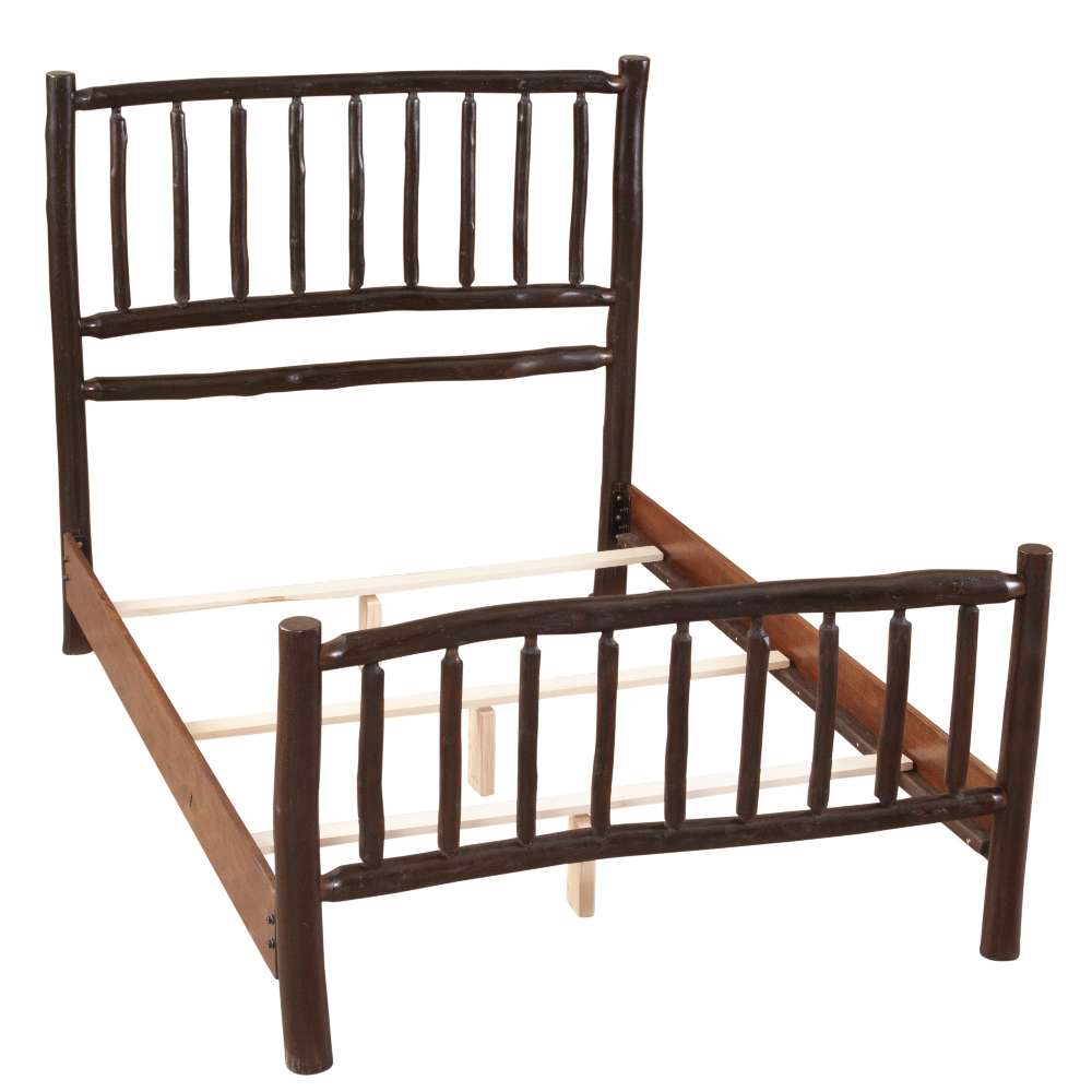 Fireside Lodge Hickory Log Traditional Bed is shown without a mattress, revealing its dark log frame and slatted base