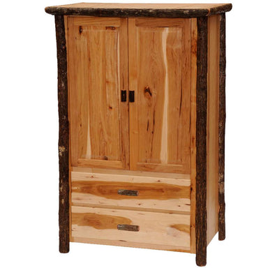 Fireside Lodge Hickory Log Two Drawer Wardrobe with Hanging Rod is a tall solid wood cabinet with log-style sides, two lower drawers, double doors, and an interior hanging rod