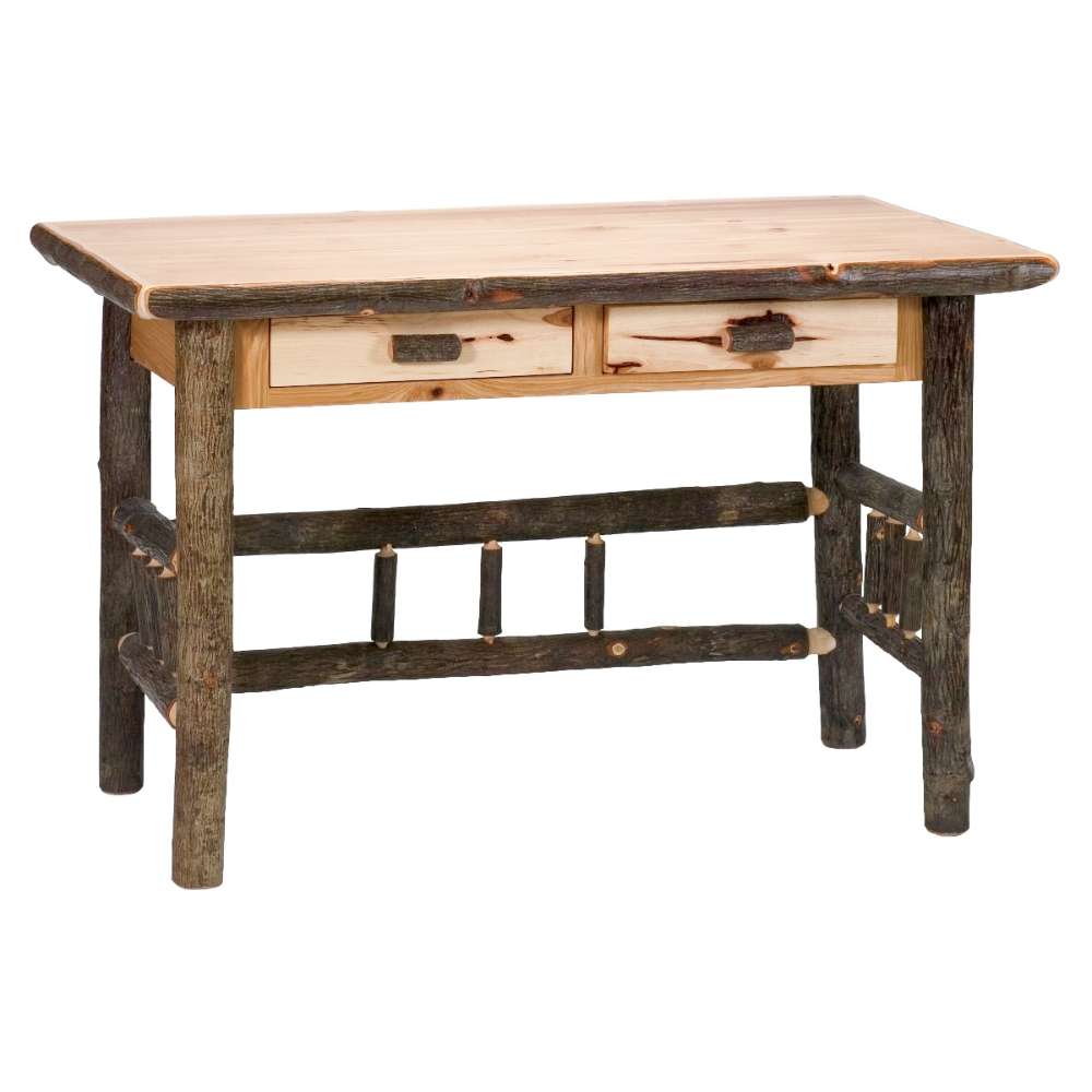 Fireside Lodge Hickory Log Two Drawer Writing Desk with a natural wood top, log frame, and two front drawers