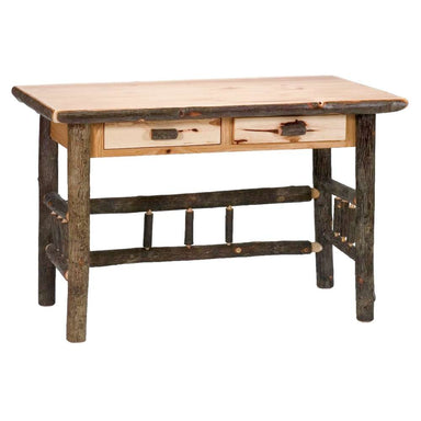 Fireside Lodge Hickory Log Two Drawer Writing Desk with a natural wood top, log frame, and two front drawers