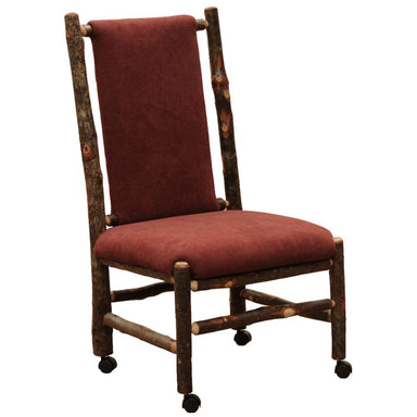 Fireside Lodge Hickory Log Upholstered Executive Chair With Casters is shown at an angle, showing the cushioned upholstery, log construction, and rolling wheels