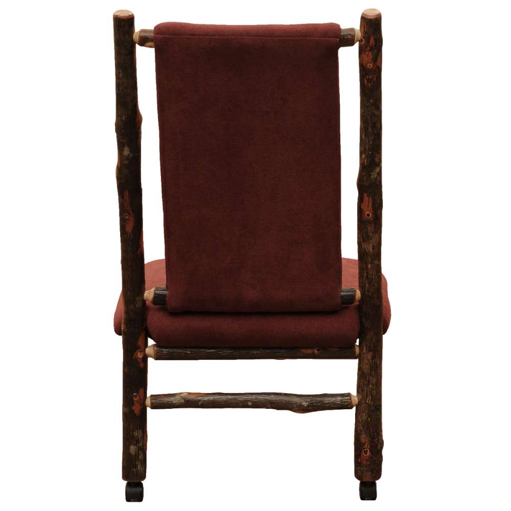 Fireside Lodge Hickory Log Upholstered Executive Chair With Casters is shown from the back with a tall padded burgundy backrest and a rustic log frame on wheels