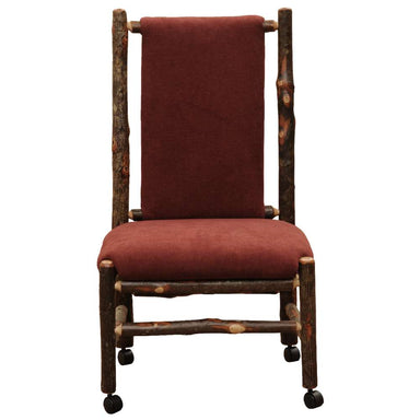 Fireside Lodge Hickory Log Upholstered Executive Chair With Casters is shown from the front with a padded burgundy seat and back supported by a log frame on casters