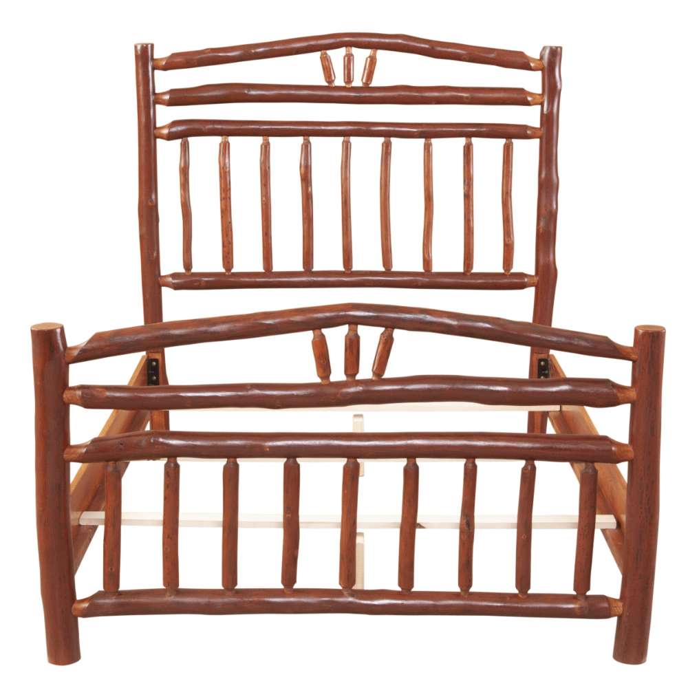 Fireside Lodge Hickory Log Wagon Wheel Bed is shown on a white background highlighting its solid hickory log frame and spindled design