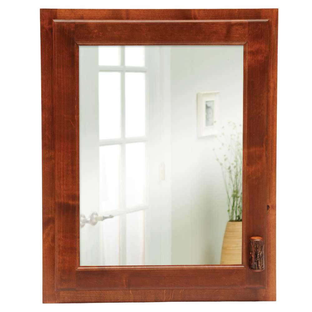 Fireside Lodge Log Inset Medicine Cabinet features a rectangular mirror framed in rustic hickory wood with a natural log handle