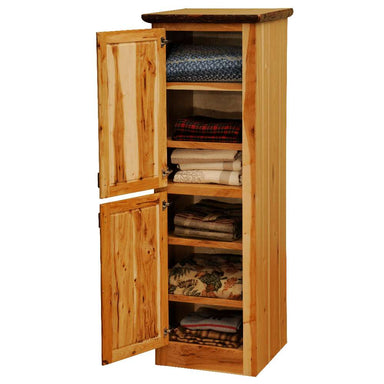 Fireside Lodge Log Linen Cabinet - 30-Inch Width shown open with shelves neatly storing folded blankets and towels