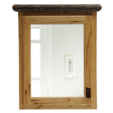 Fireside Lodge Log Medicine Cabinet features a rustic hickory wood frame with a mirror door and natural log trim for a classic cabin-style bathroom accent