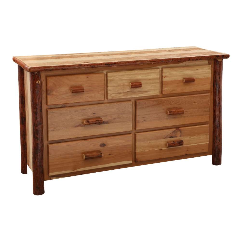 Fireside Lodge Log Seven Drawer Dresser shown from the front with seven drawers and rustic log corner posts