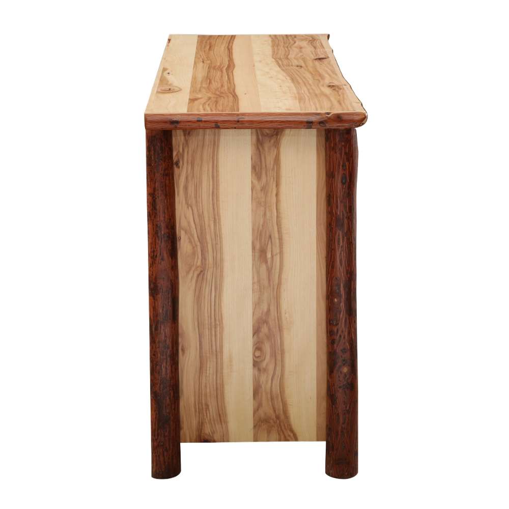 Fireside Lodge Log Seven Drawer Dresser shown from the side with log-style legs and natural wood paneling