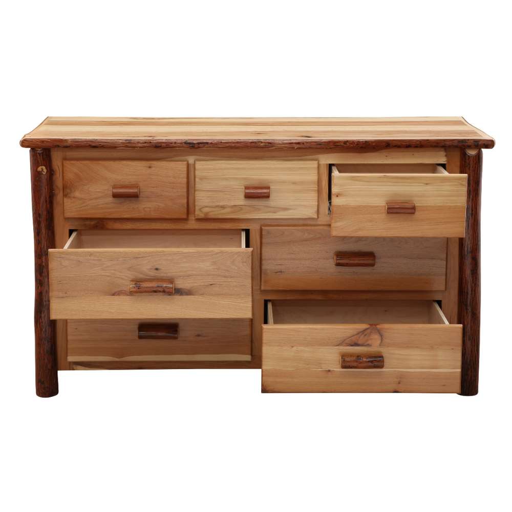 Fireside Lodge Log Seven Drawer Dresser shown with drawers pulled out to show the interior