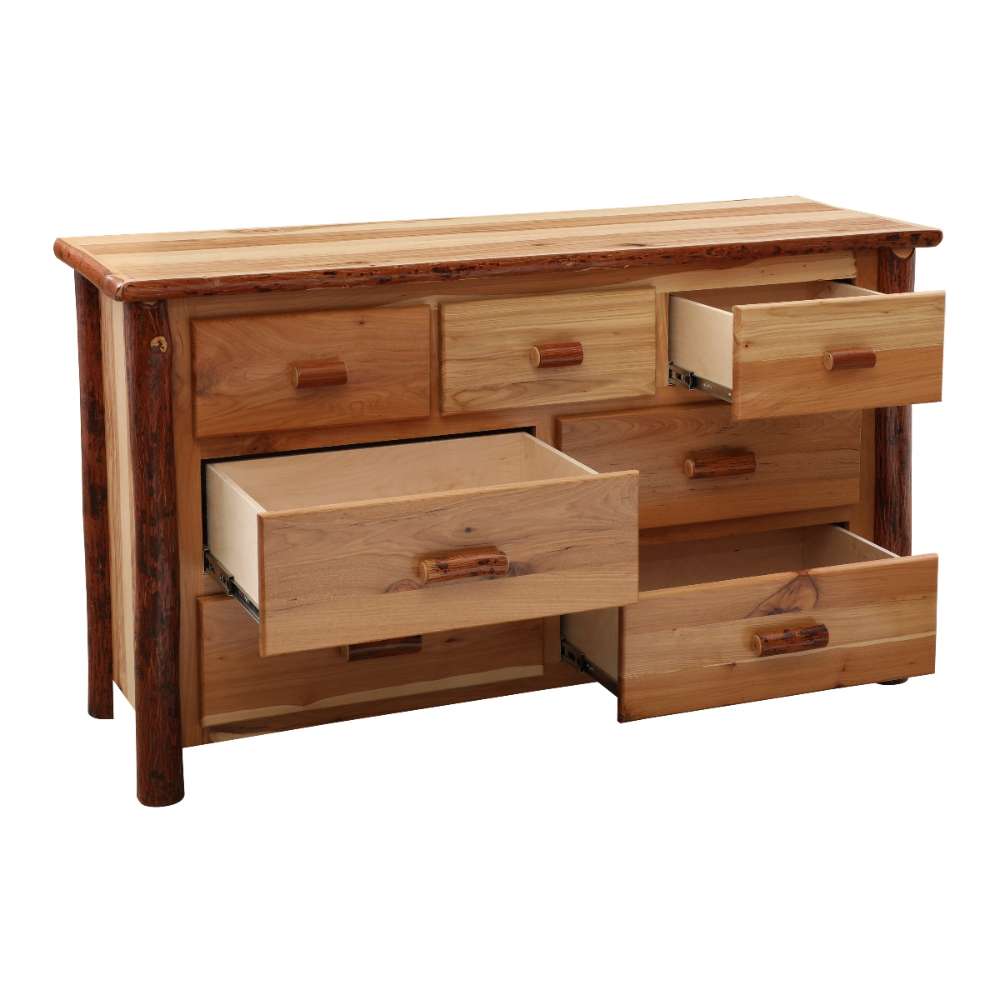 Fireside Lodge Log Seven Drawer Dresser shown with multiple drawers open to display storage space