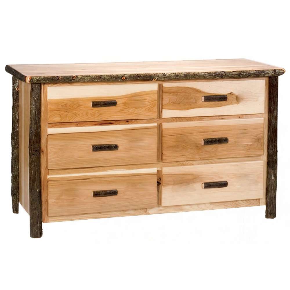 Fireside Lodge Log Six Drawer Dresser is shown with a rustic log frame, six light wood drawers, and dark wood handles on a white background