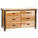 Fireside Lodge Log Six Drawer Dresser is shown with a rustic log frame, six light wood drawers, and dark wood handles on a white background