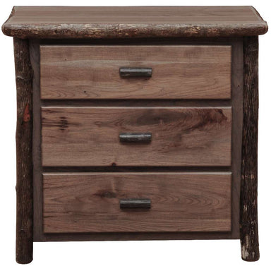 Fireside Lodge Log Three Drawer Chest is a rustic wooden chest with three wide drawers, bark-covered log corners, and a thick solid wood top