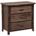 Fireside Lodge Log Three Drawer Chest is shown at an angle, highlighting its smooth wood sides, sturdy log frame, and three drawers with wooden handles