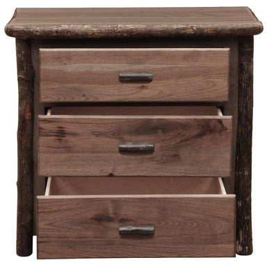 Fireside Lodge Log Three Drawer Chest is shown from the front with lower drawers open, emphasizing its roomy design and rugged log trim