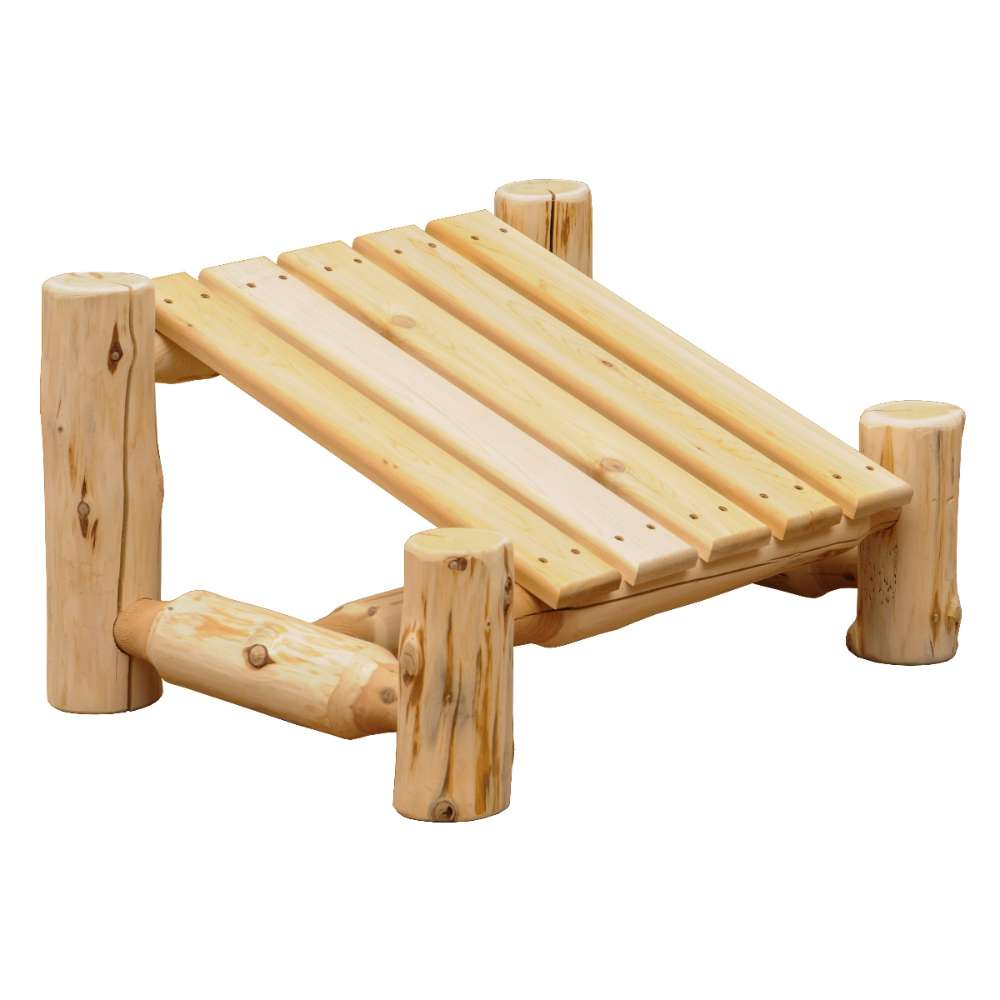 Fireside Lodge Voyageur Adirondack Ottoman angled slightly upward, highlighting its sturdy log frame and smooth, natural wood slats designed for resting your feet