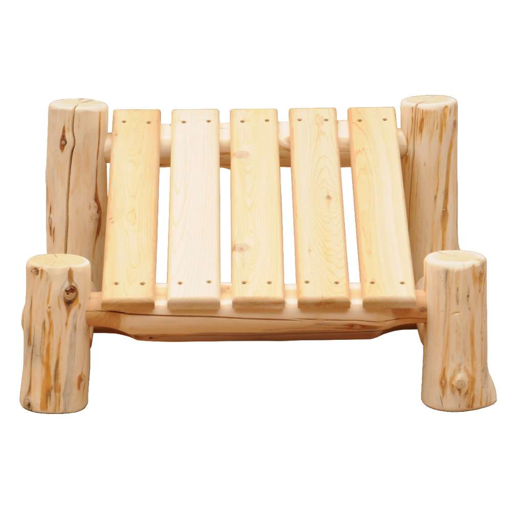 Fireside Lodge Voyageur Adirondack Ottoman as a small, rustic wooden footrest made of thick log legs and flat slatted boards on top