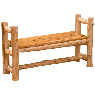 Fireside Lodge Voyageur Bench with Arms features a solid plank seat, rounded log arms, and a durable natural wood design perfect for cabin-style spaces