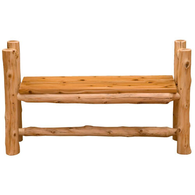 Fireside Lodge Voyageur Bench with Arms is a rustic log bench with a smooth wooden seat, sturdy armrests, and a natural knotty wood finish
