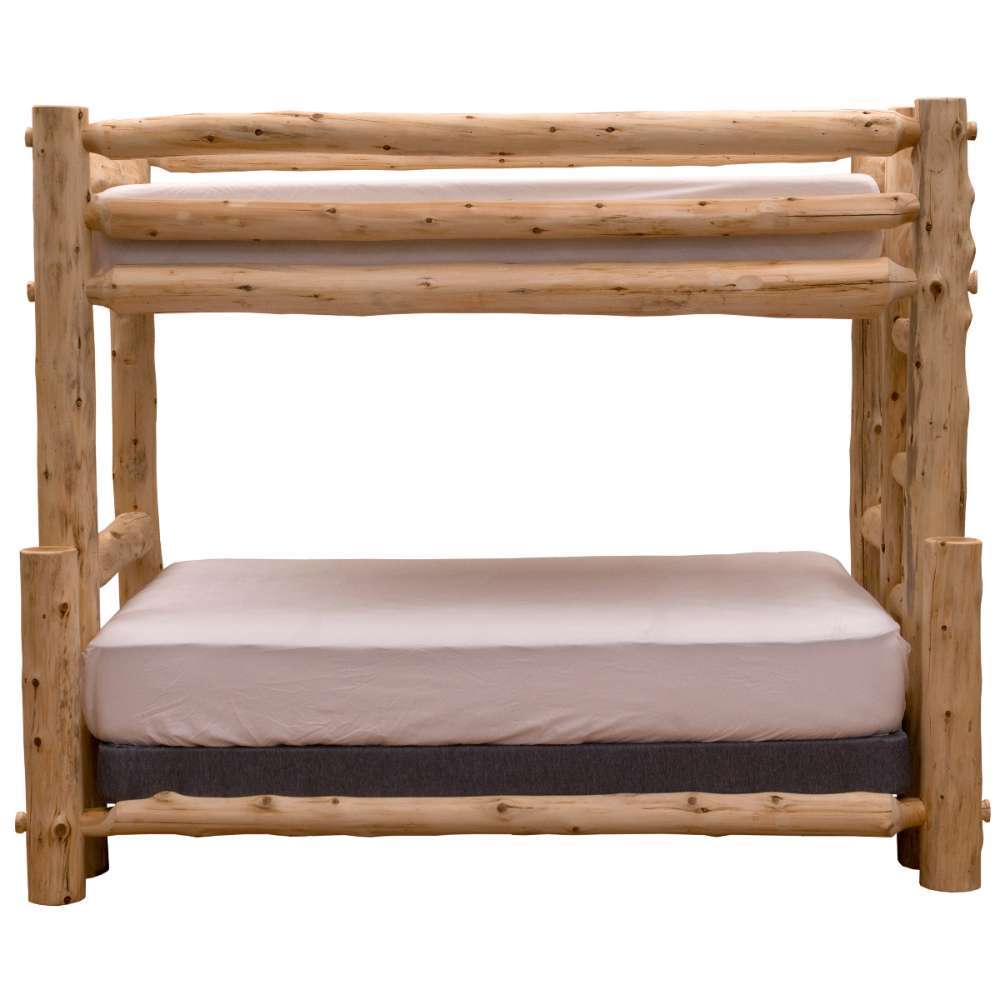 Fireside Lodge Voyageur Bunk Bed shows a front view of a natural log bunk bed with stacked sleeping areas