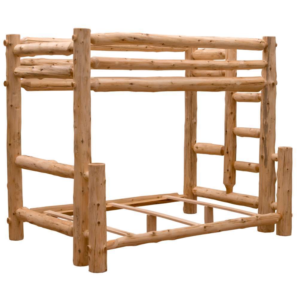 Fireside Lodge Voyageur Bunk Bed shows an angled view of a rustic log bunk bed with ladder and rails