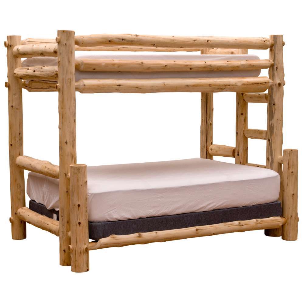 Fireside Lodge Voyageur Bunk Bed shows an angled view of a rustic log bunk bed with visible ladder and bunks