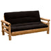 Fireside Lodge Voyageur Futon angled slightly from the front, highlighting its plush black cushion and handcrafted log armrests