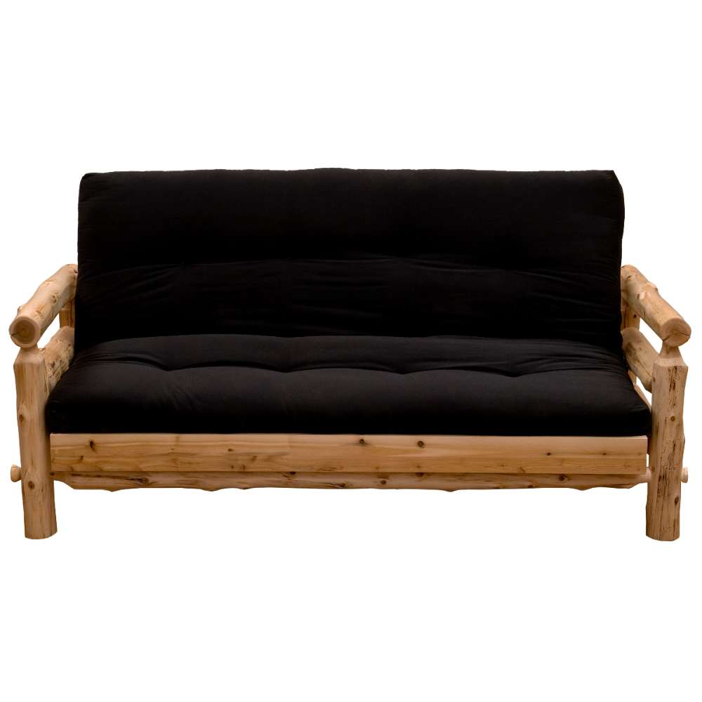 Fireside Lodge Voyageur Futon as a rustic log-frame sofa with a thick black cushion and sturdy rounded wooden armrests