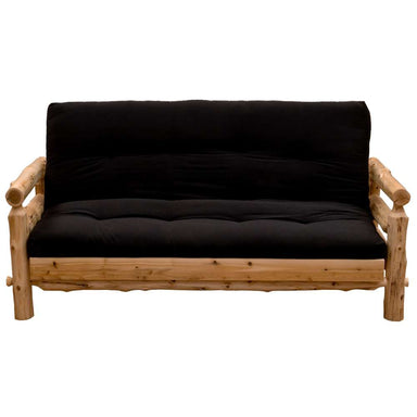 Fireside Lodge Voyageur Futon as a rustic log-frame sofa with a thick black cushion and sturdy rounded wooden armrests