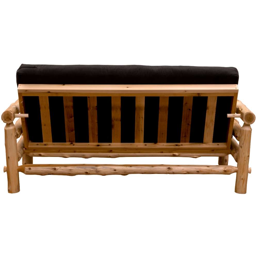 Fireside Lodge Voyageur Futon from the back, displaying vertical wooden slats and a solid log-frame structure