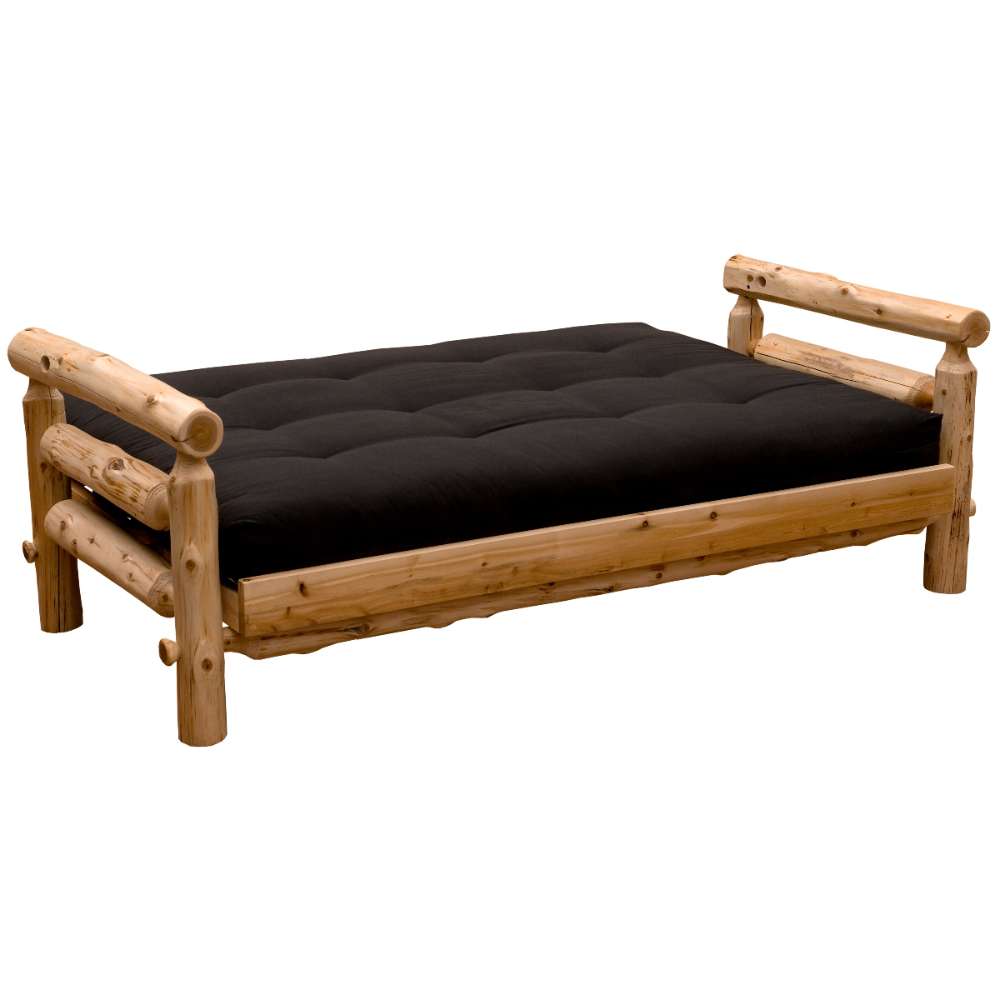 Fireside Lodge Voyageur Futon laid flat into a bed-like position with a black mattress resting on a natural log frame